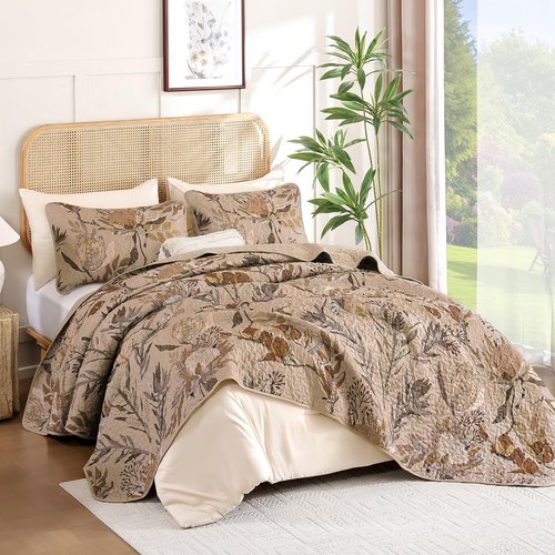 Dintszyayue King Size Quilts Brown, 3 Pieces Boho Floral Bedspread Bedding for King Size Bed, Soft Lightweight Microfiber Coverlet Set for All Season Quilt with 2 Pillowcases