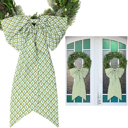 HunnmingRe Christmas Wreath Sash - 2 Pcs Green Block Print Bow | 24 x 16 Inch Holiday Decor