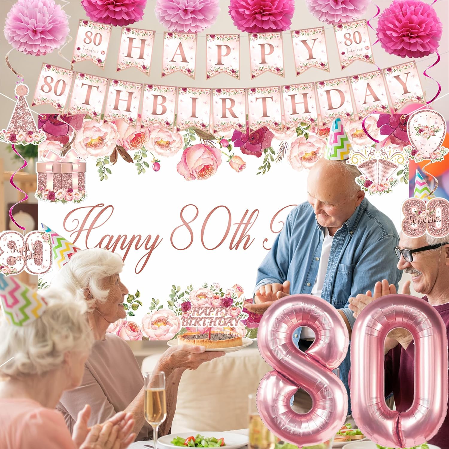 Vlipoeasn 80th Birthday Decorations - Rose Gold Backdrop Banner, Cake Topper & Honeycomb Swirls