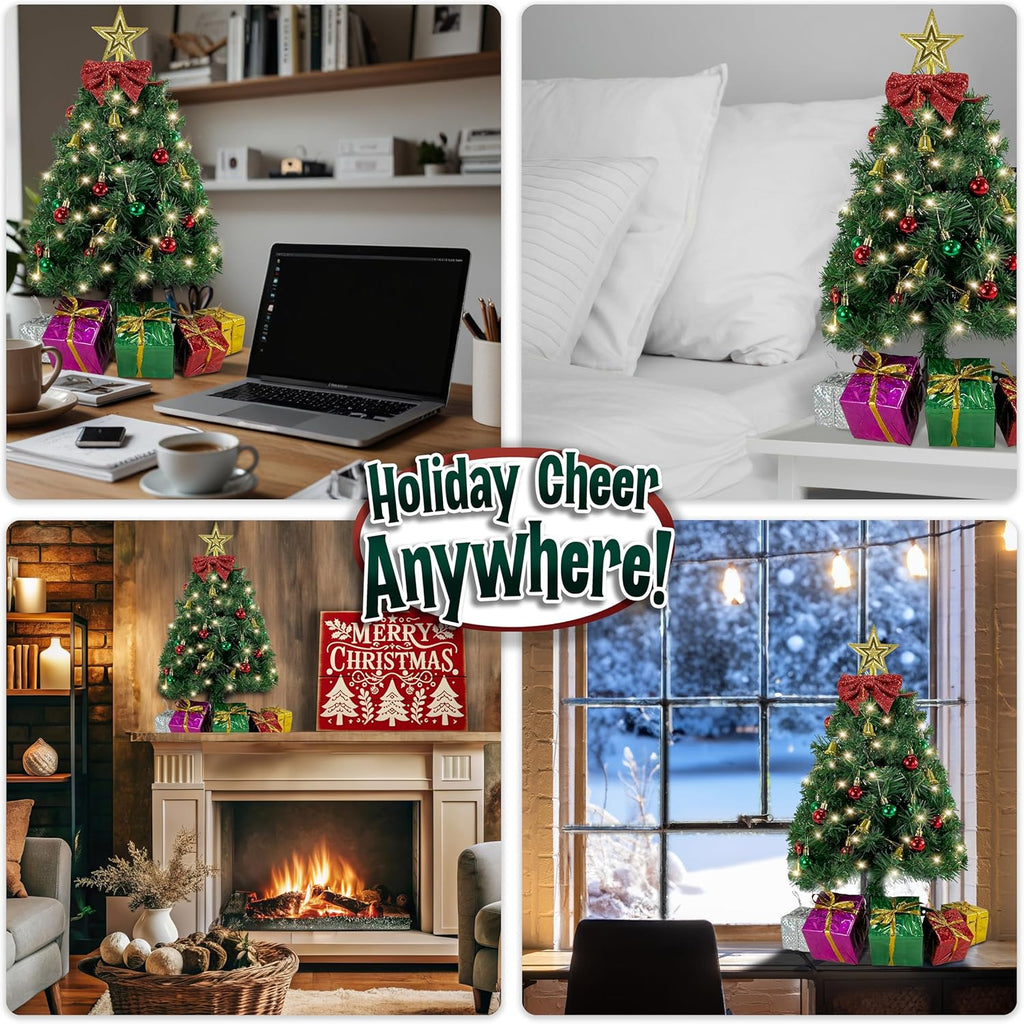 Small Christmas Tree with Lights - 23-Inch Mini Tabletop Tree with Warm-White LEDs & Ornaments