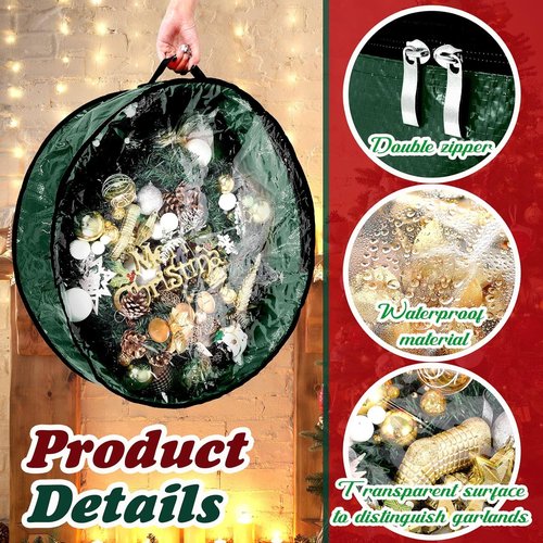 Dunzy Christmas Wreath Storage Bag - Tear-Resistant Fabric with Clear Window | 24x24x7.8 Inch, Green