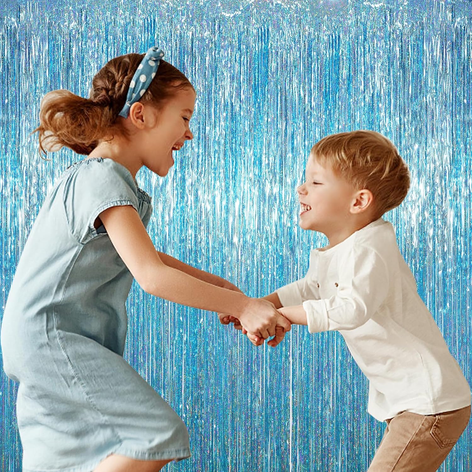 Voircoloria Foil Fringe Backdrop Curtains - 3.3 x 6.6 Ft Tinsel Streamers for Parties | Light Blue