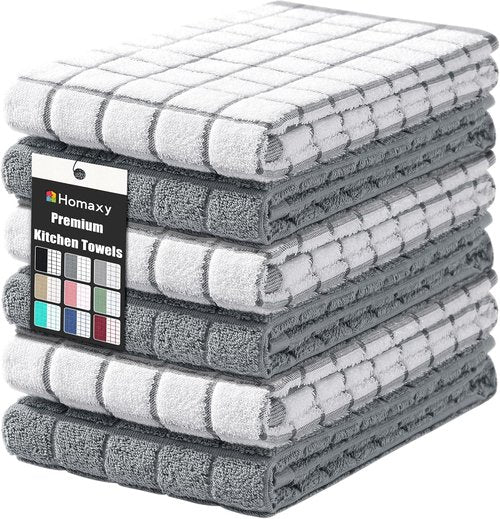 Homaxy Premium Cotton Kitchen Towels - Super Absorbent 390 GSM Dish Towels | 16"x28", Grey Check, 6 Pack
