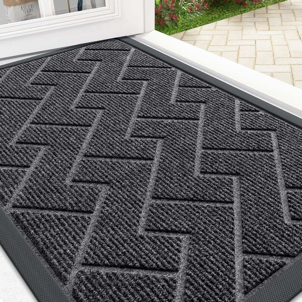OLANLY Waterproof Front Door Mat - All-Season Herringbone Design, Sturdy Natural Rubber, Easy Clean | Grey 29.5x17