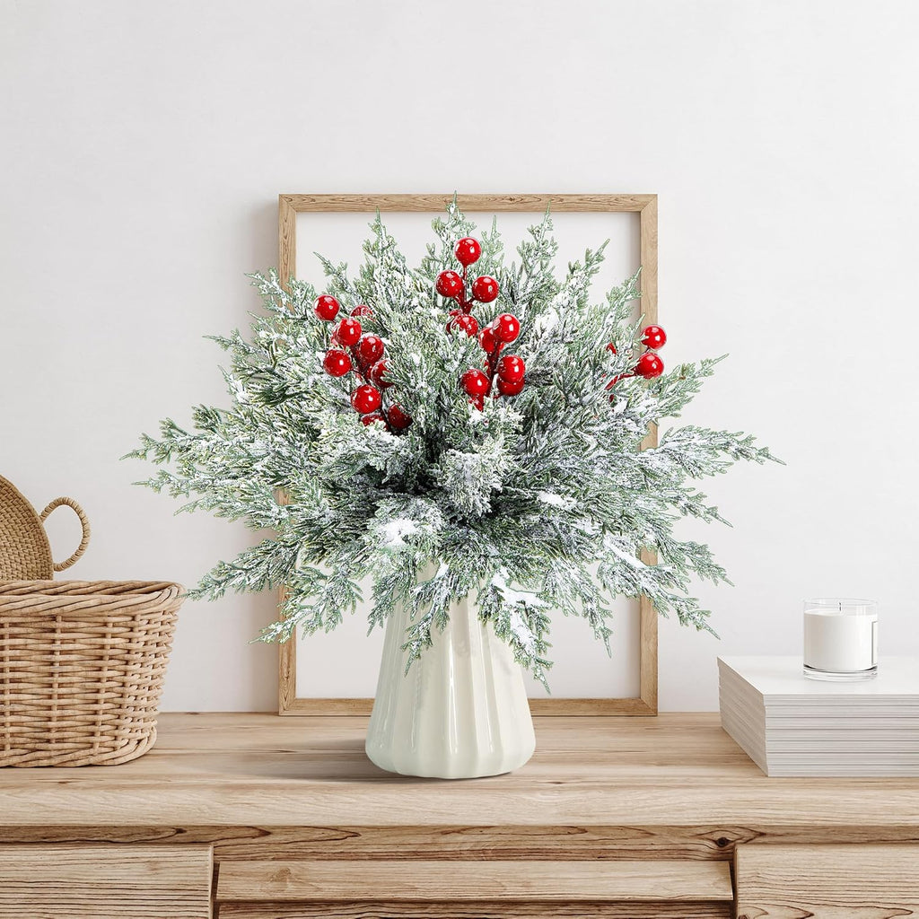 Skiennix 45 Pcs Artificial Christmas Snow Pine Branches - Snowy Faux Greenery with Red Berry Stems for Festive Home Decor