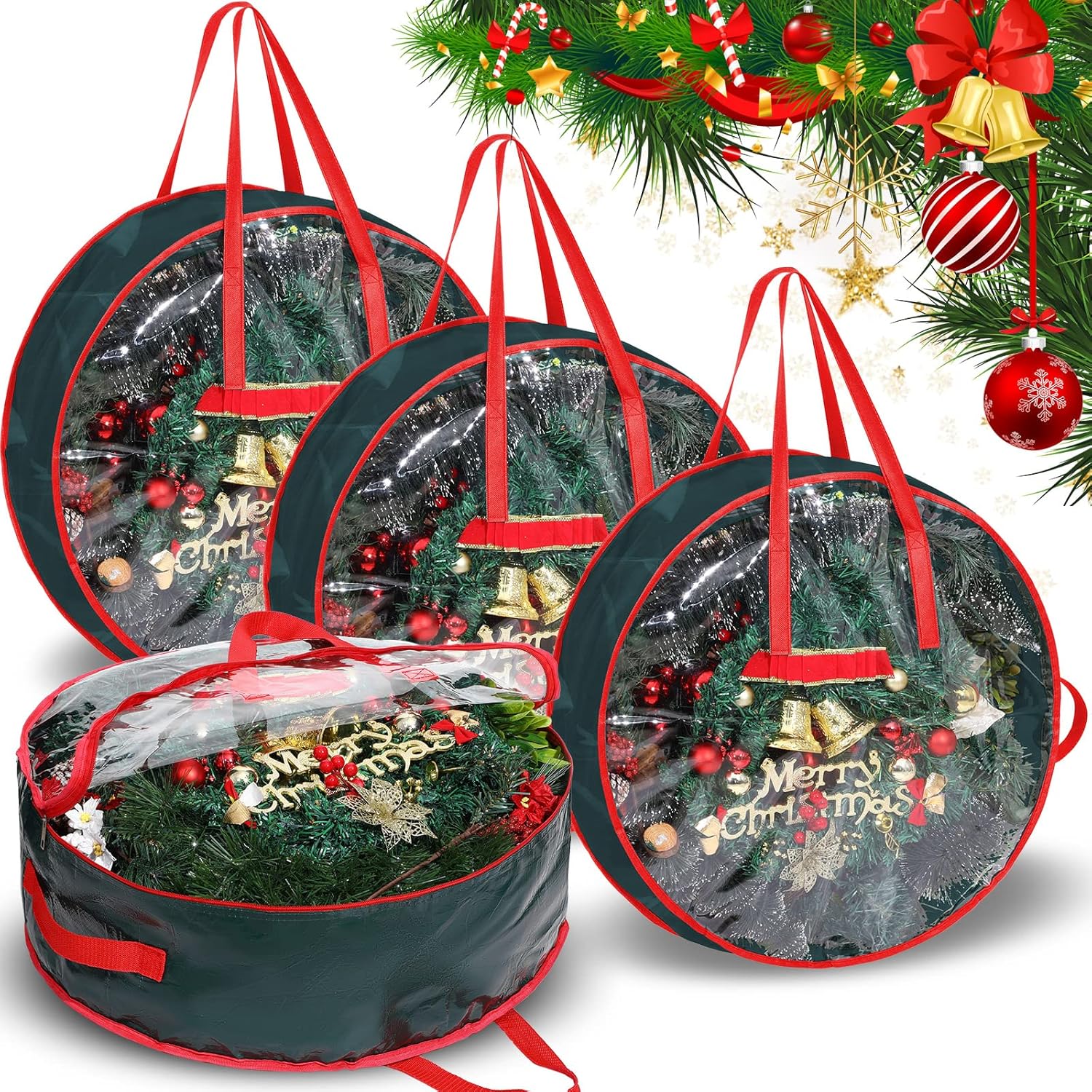 Shappy Christmas Wreath Storage Bag - Clear Window Plaid Container with Handles | 30 x 7 Inch, Green