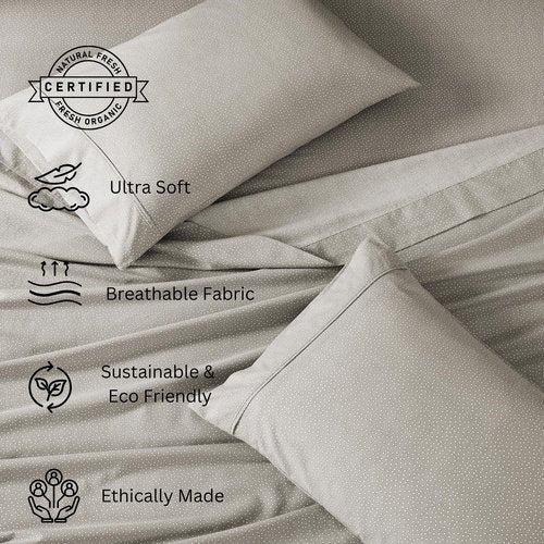 Lane Linen 100% Organic Cotton Full Sheets Set - Grey with White Dots | Breathable Percale Weave, Fits Mattresses Up to 15" Deep
