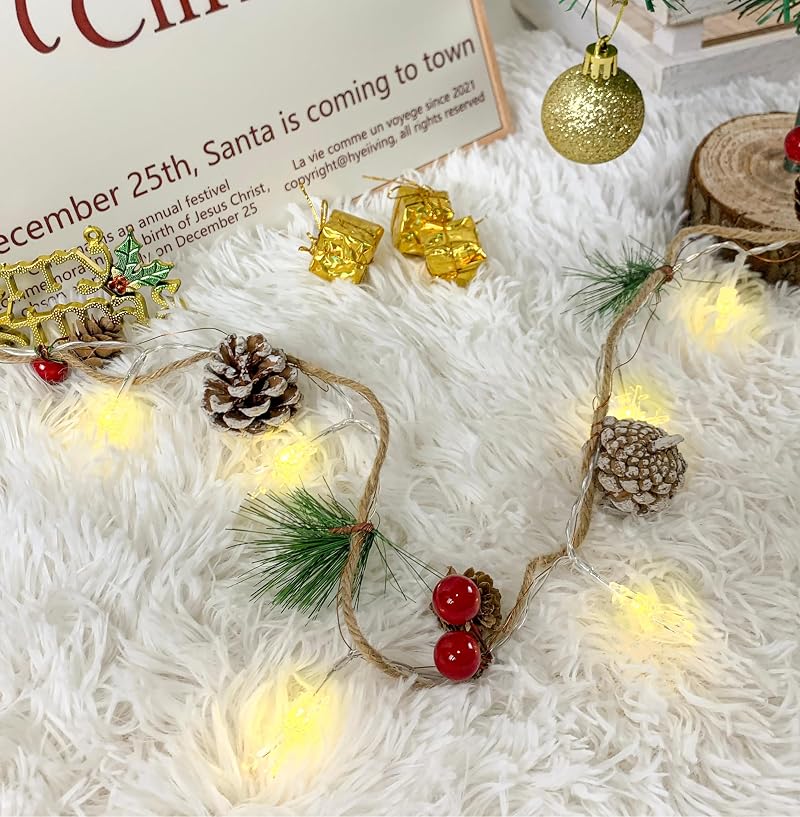 Christmas Garland with Snowflake Lights - 9.8 ft USB or Battery Powered with Pinecones & Red Berries