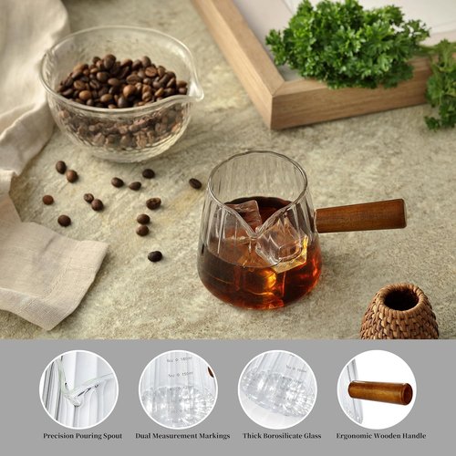 JINLIFA Espresso Cups - 6oz Glass Shot Measuring Cup with V-Shaped Mouth & Dual Markings