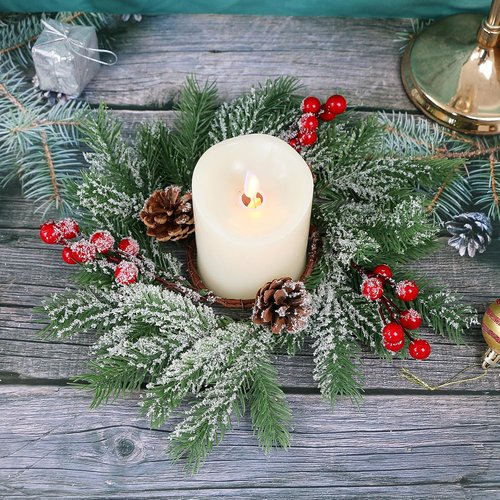 Christmas Candle Rings | Set of 8 Artificial Red Berries & Pinecones - 10 Inch Holiday Centerpieces