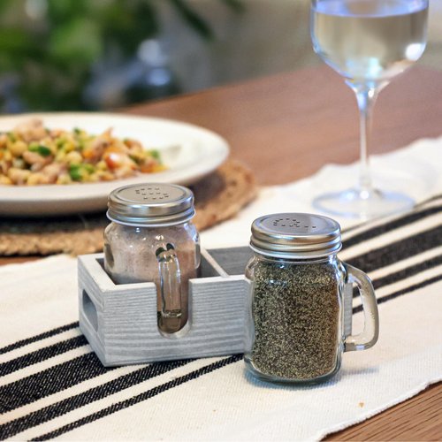 Mason Jar Salt and Pepper Shakers - Glass Shaker Set with Wood Holder Caddy, Easy to Clean & Refill for Farmhouse Kitchen Table, Home and Gifts (White)