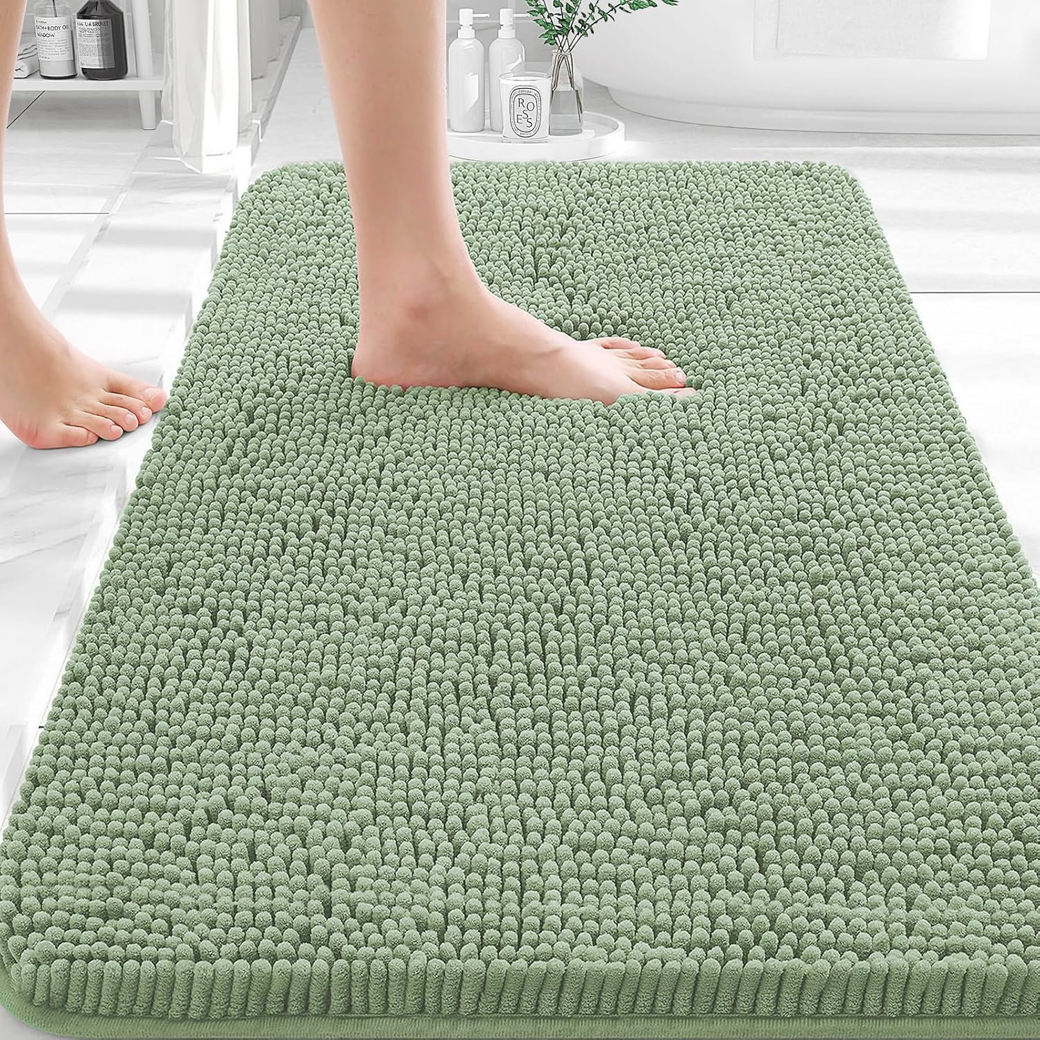 OLANLY Bath Rugs - Extra Soft Chenille, Quick Dry & Absorbent | 30x18 Sage Green Machine Washable Mats