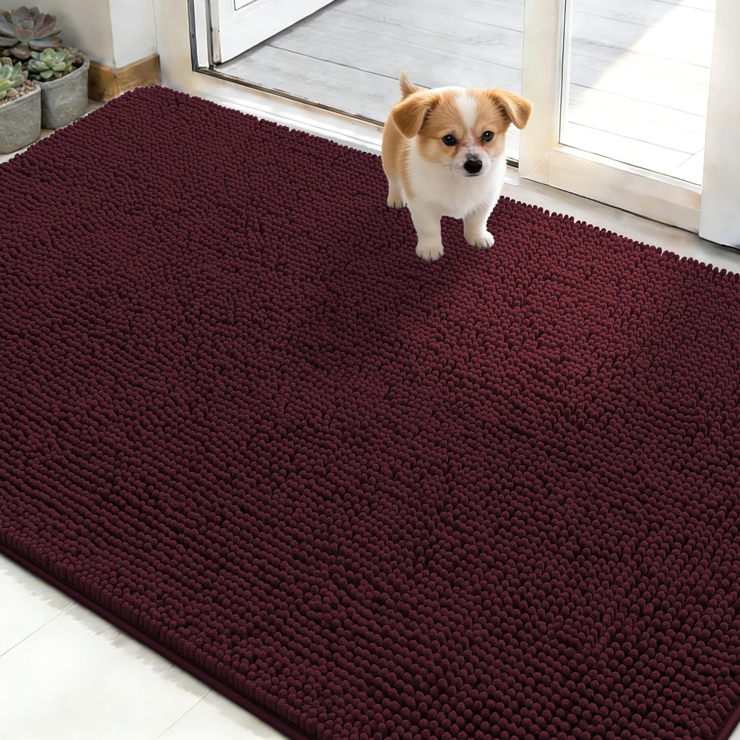 OLANLY Dog Door Mat - Absorbent Non-Slip Chenille for Muddy Paws | Quick Dry 50x30, Russet Color