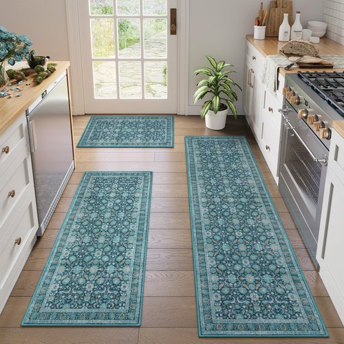 KIMODE Kitchen Rugs Sets of 3, Boho Oriental Kitchen Rugs Non Skid Washable, Turquoise Long Kitchen Mats for Floor, Comfort Cushioned Kitchen Runner Rug for Kitchen Hallways Laundry Sink Bathroom