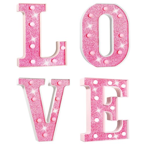 Valentine’s Day Decorations – Galentines LED LOVE Marquee Light Letters, Pink Glitter Battery Operated Tabletop Sign for Home, Party, Shelf and Mantel Décor