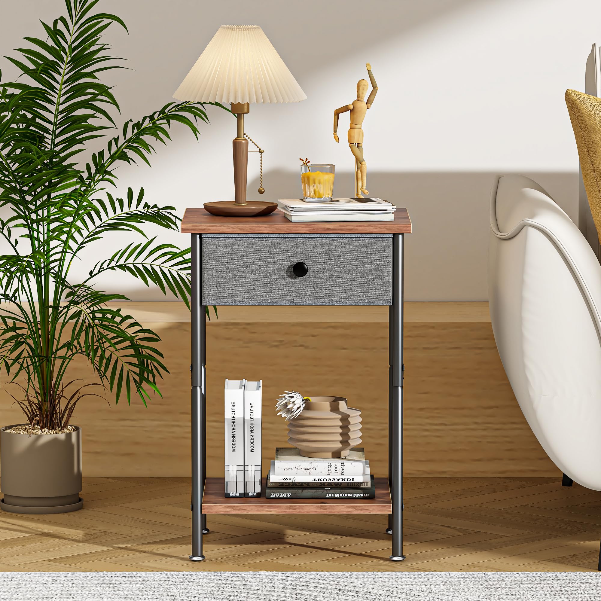 VECELO End Tables, Modern Nightstands with Drawer & Open Shelf, Side Table for Bedroom Living Room, Industrial Metal Frame, Easy Assembly, Rustic Brown,1 Pack