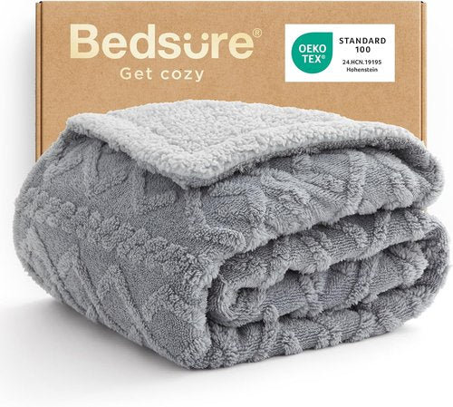 Bedsure Sherpa Fleece Throw Blanket - Fluffy & Cozy Cable Jacquard Design, Grey, 50x60 Inches | Perfect Gift for Mom