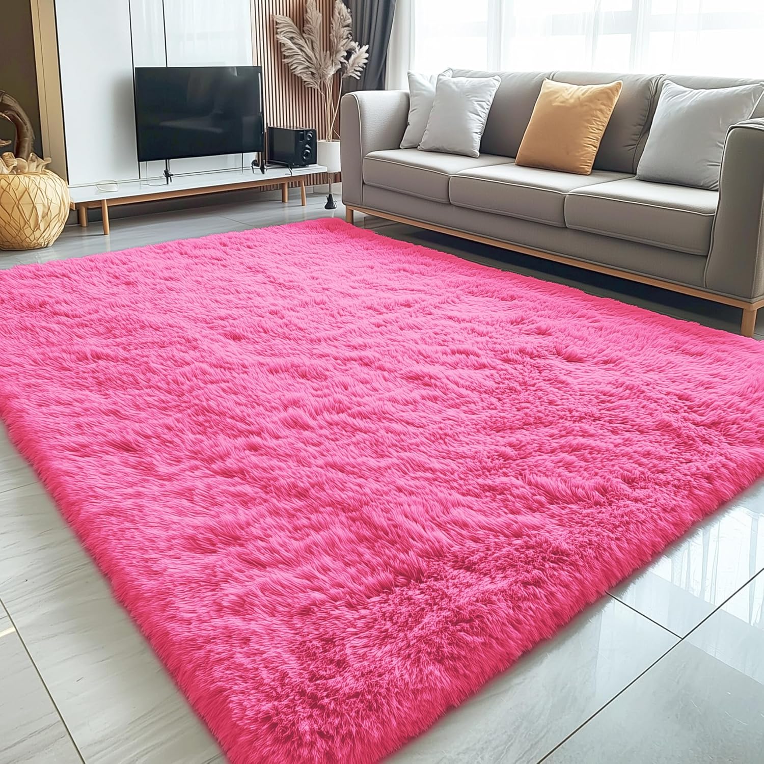 OLANLY Large 5x7 Machine Washable Area Rug - Soft Fluffy Shaggy Carpet for Living Room & Bedroom | Hot Pink
