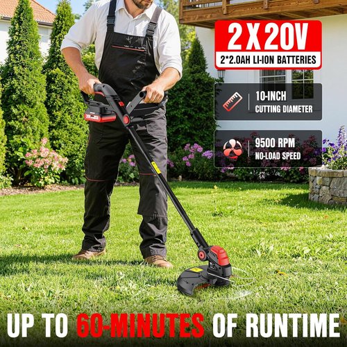 EWORK Cordless 20V Weed Wacker - 10-Inch Cutter Blade with 2×2.0Ah Batteries & Fast Charger | 2-in-1 Electric Grass Trimmer for Lawn & Garden