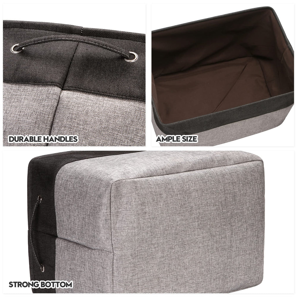 Sea Team 3-Pack Extra Large Storage Basket Set, Trunk Organizer, Clothes Toys Bin, 22 x 15 x 13 Inches, Rectangular Canvas Fabric Collapsible Shelf Box with Handles for Kids Room (Grey/Black)