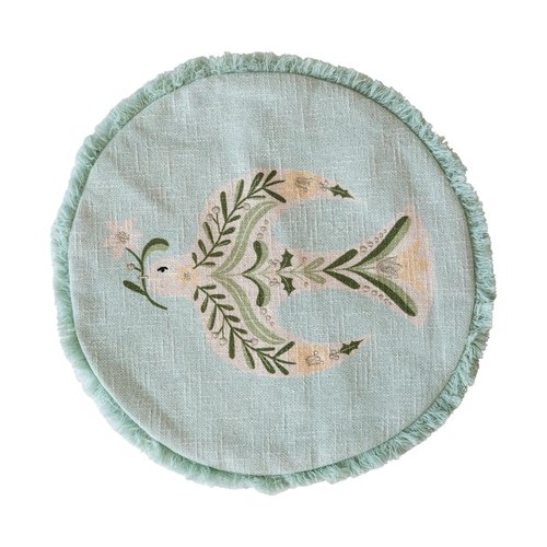 Creative Co-Op, Multicolor Round Cotton Printed Pillow with Embroidered Dove and Fringe