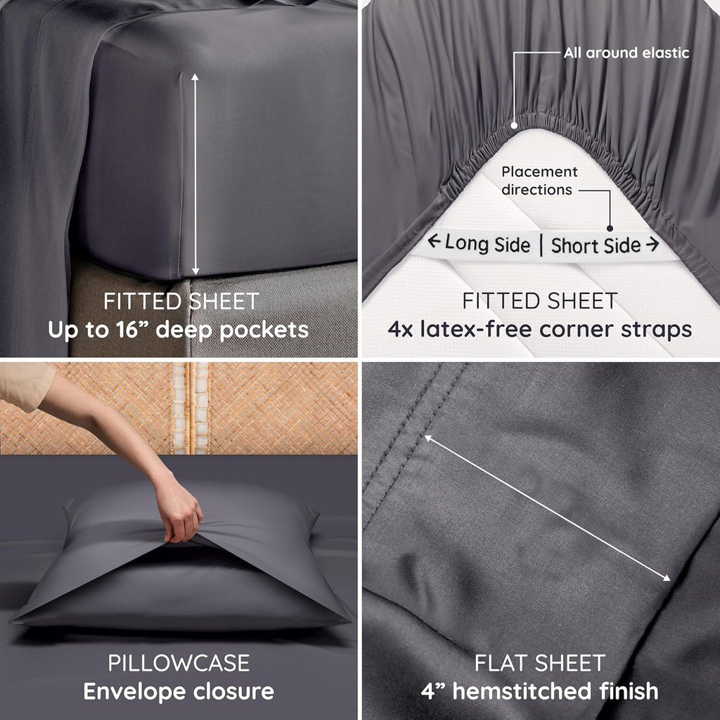 Bambaw Bamboo Sheets Queen Size Set - 4-Piece Cooling Luxury Bed Sheets, Super Soft & Deep Pocket (Charcoal)