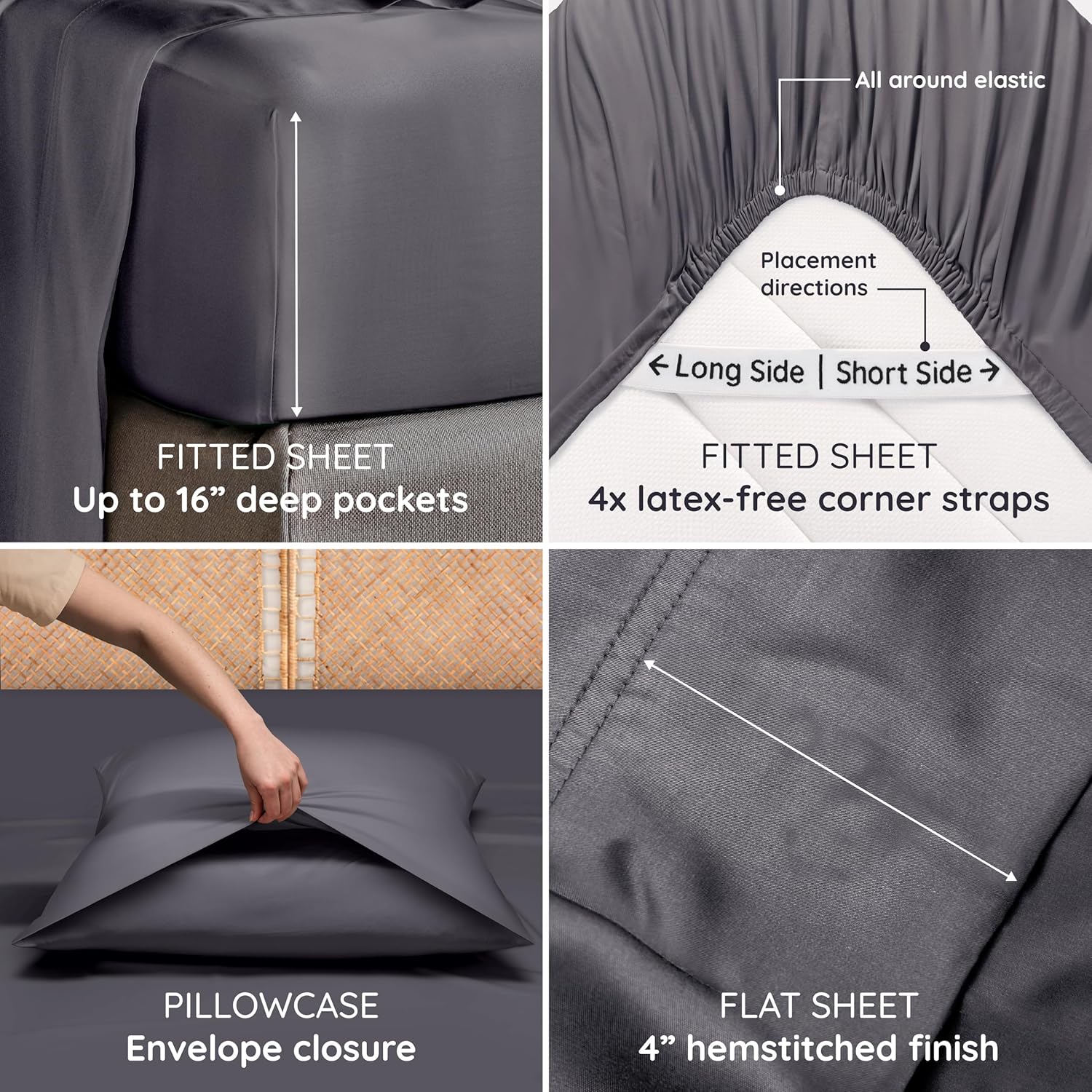 Bambaw Bamboo Sheets Queen Size Set - 4-Piece Cooling Luxury Bed Sheets, Super Soft & Deep Pocket (Charcoal)