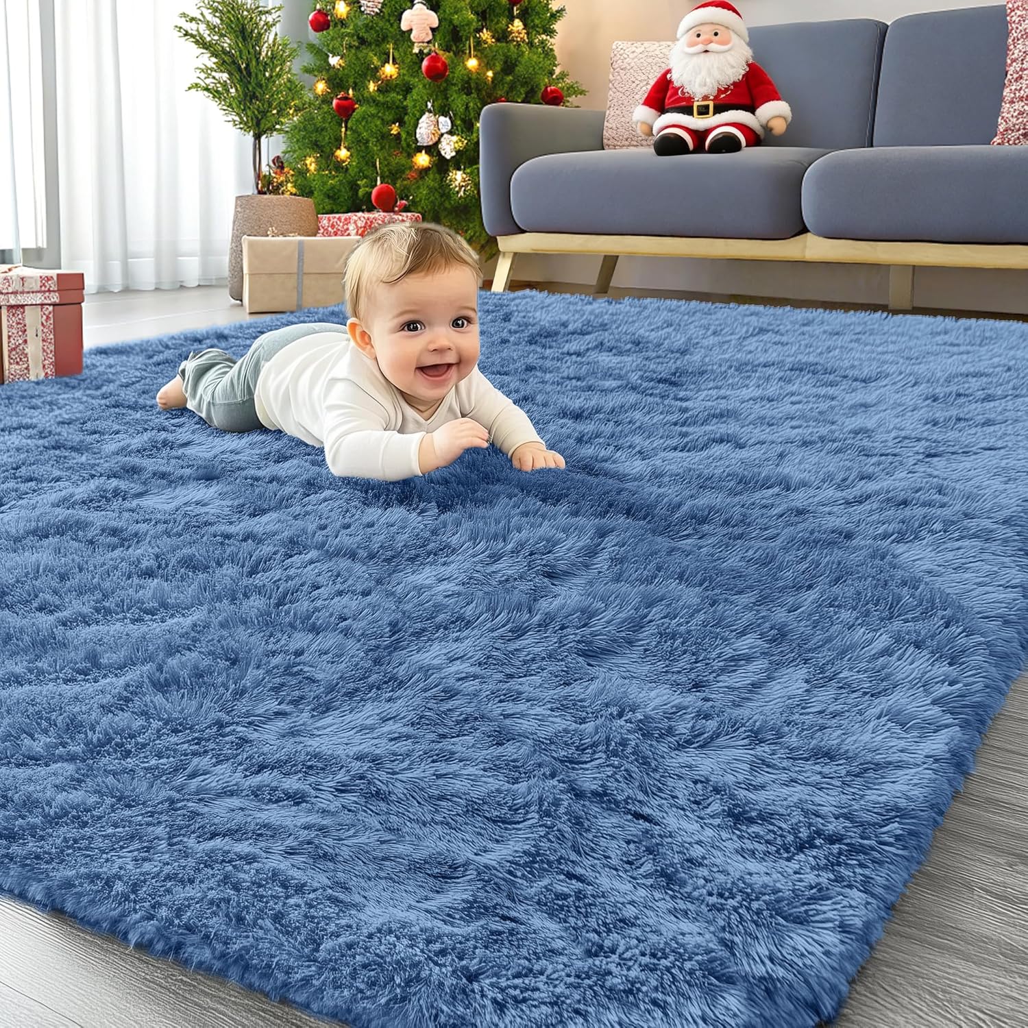 OLANLY Area Rug - Soft Fluffy Shaggy Design | Machine Washable 4x5.9 ft - Perfect for Living Room & Nursery Decor, Blue