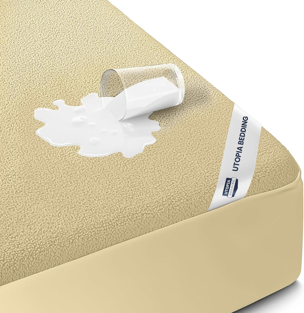 Utopia Bedding Twin Size Mattress Protector - Waterproof Terry Cover, Soft & Breathable, 15" Deep Pockets | Beige