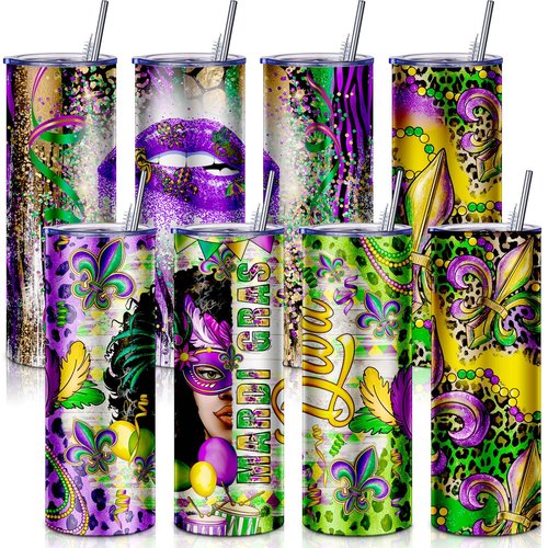 Suttmin 8 Pack 20oz Mardi Gras Tumblers Stainless Steel Tumblers with Lids and Straws, Cups Printed with Carnival Heroine, Iris, and Lips, Travel Mug Carnival Gifts for Women