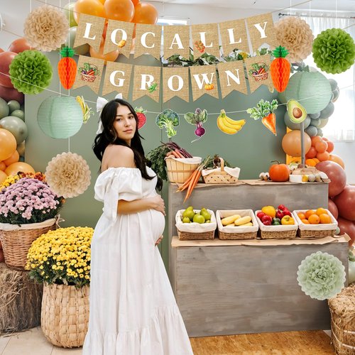 Kriyokiaa Locally Grown Baby Shower Decorations, 12 PCS Farmers Market Baby Shower Decor with Locally Grown Banner, Paper Tissue Pom Poms, Lanterns for Farmers Market Party Decor