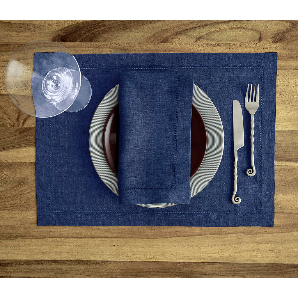 Solino Home Linen Cloth Placemats Set of 4-100% Pure Linen Hemstitch Chambray Navy Placemats 14 x 19 Inch - Milan Hemstitch Table Place Mats for Mothers Day, Memorial Day