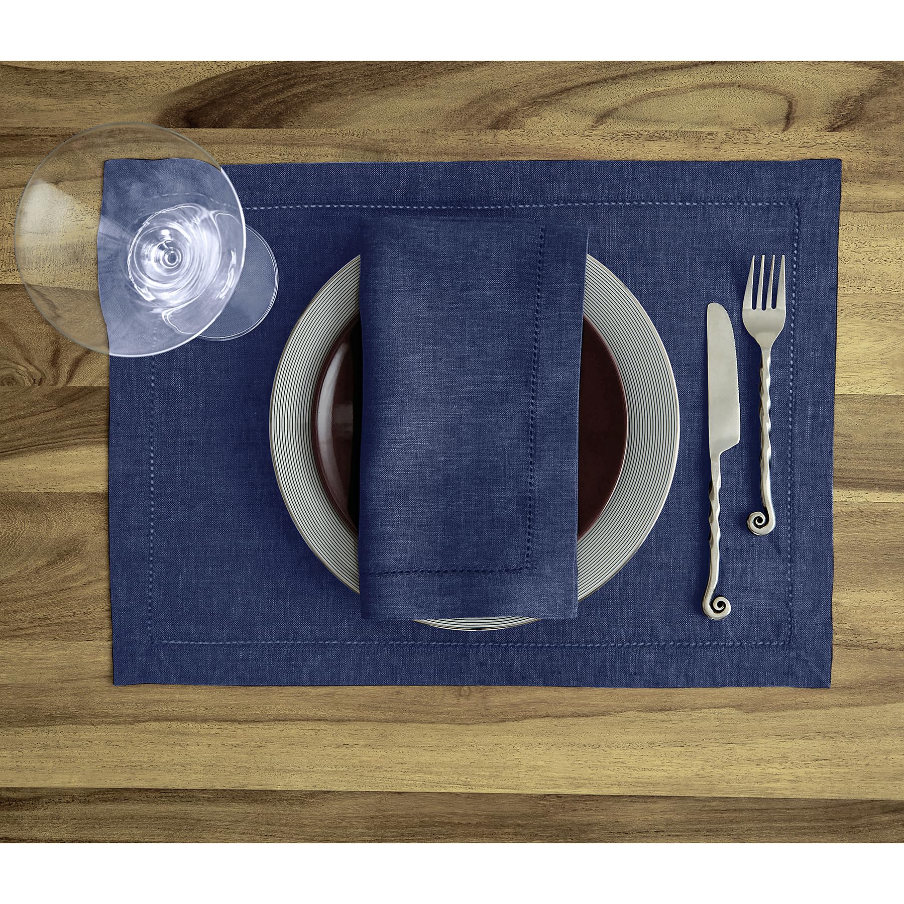 Solino Home Linen Cloth Placemats Set of 4-100% Pure Linen Hemstitch Chambray Navy Placemats 14 x 19 Inch - Milan Hemstitch Table Place Mats for Mothers Day, Memorial Day