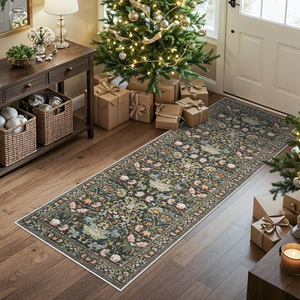 **Regine Switzerland Washable Runner Rug - Oriental Floral Design, Stain Resistant | 2x5 Green for Entryway & Kitchen**