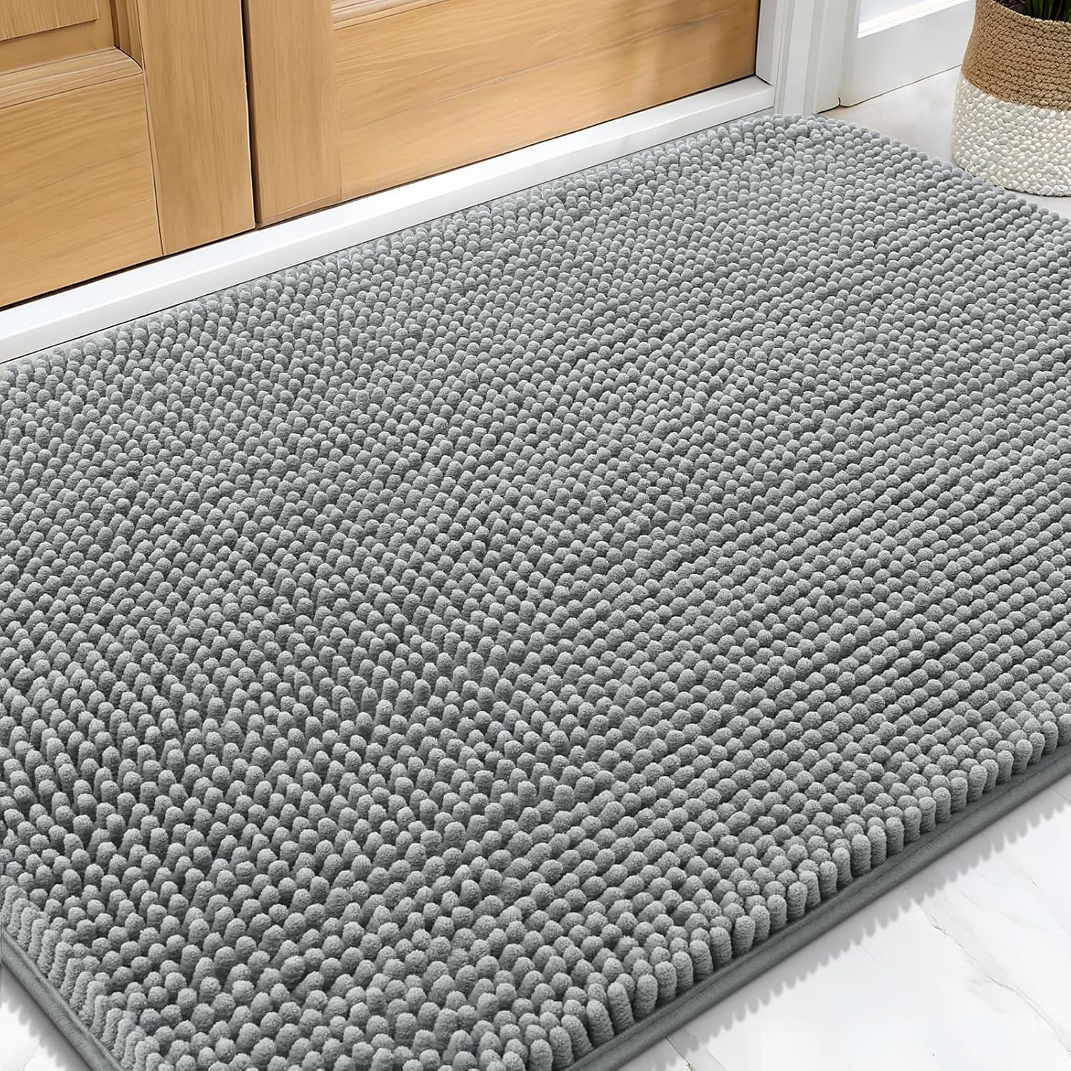 OLANLY Dog Door Mat - Absorbent Non-Slip Chenille Mat for Muddy Paws | 34x21 Inches, Quick Dry, Grey