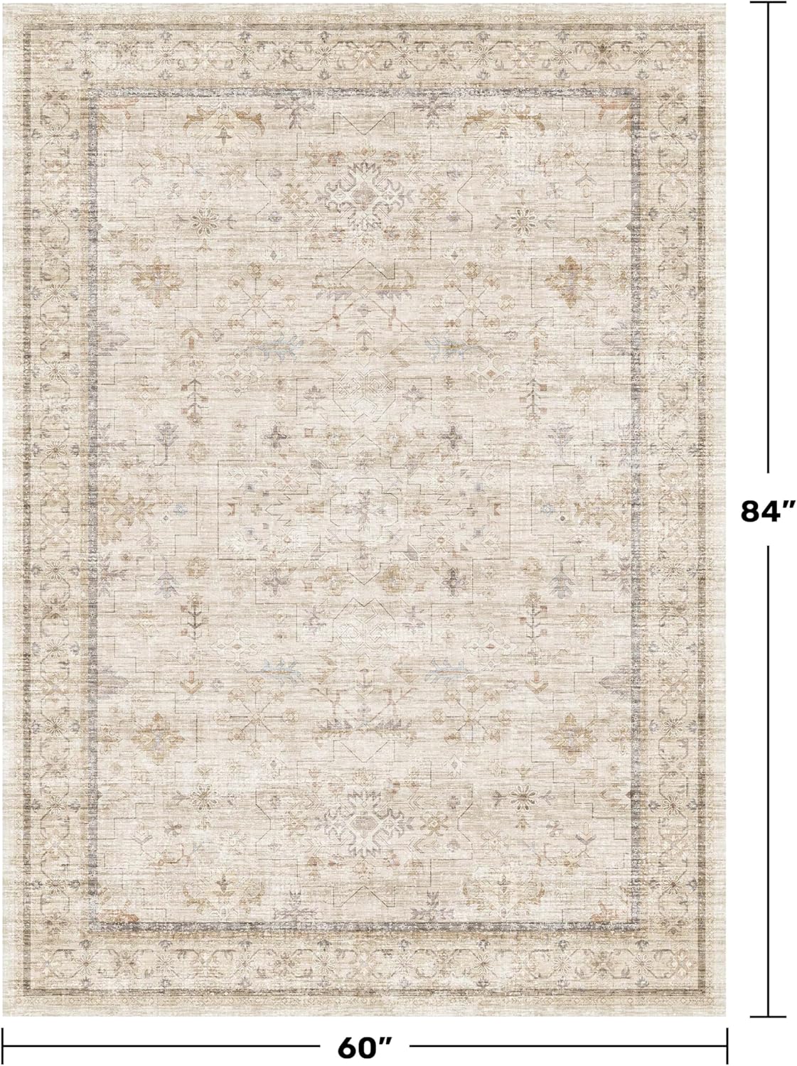 Skiennix Washable Ivory 5x7 Rug - Non-Slip Low Pile Carpet for Bedroom & Home Office | Retro Farmhouse Style
