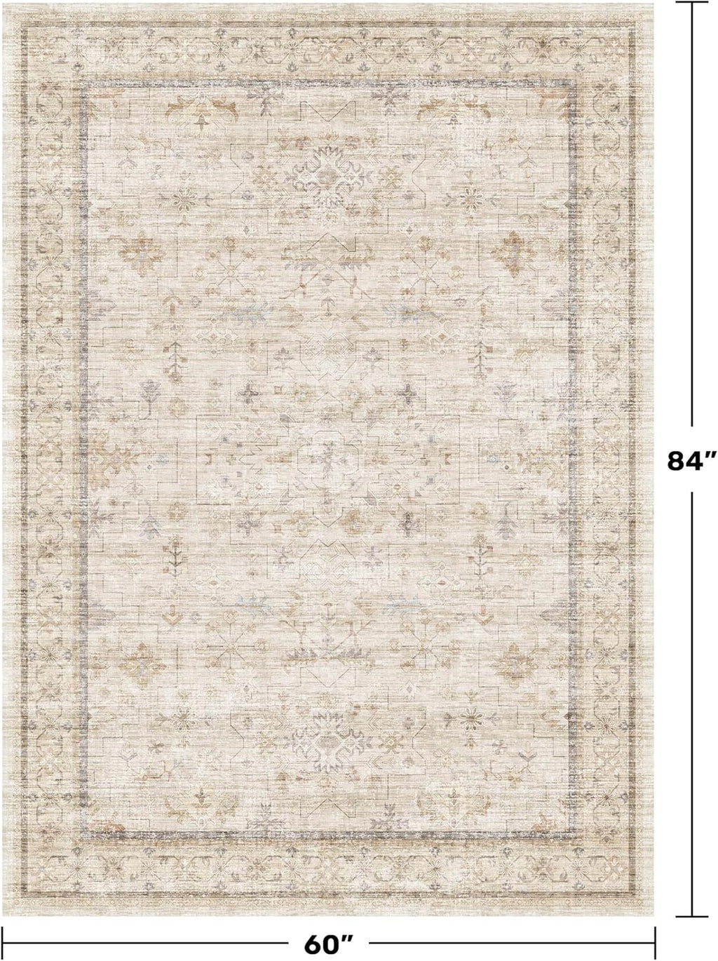 Skiennix Washable Ivory 5x7 Rug - Non-Slip Design for Bedroom & Home Office | Low Pile Farmhouse Style