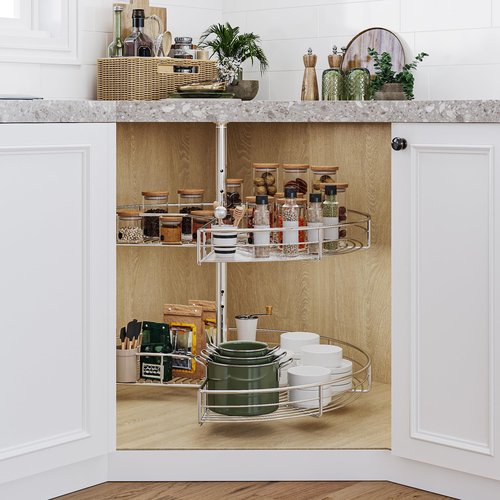 DWVO 31″ Kidney 2-Tier Lazy Susan – Telescoping Mount Corner Cabinet Organizer with Pie-Shelf Design, for Bathroom,Kitchen Cabinet Blind Corners (Chrome, 270° Adjustable)