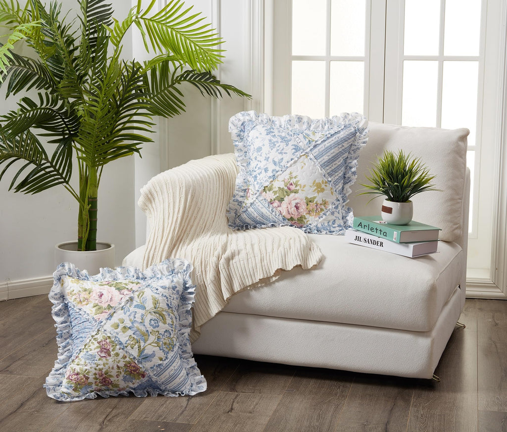 Brilliant Sunshine Blue Rose Patchwork Ruffle Pillowshams, Quilted Decorative Pillow Covers Set, Square Throw Cushion Cases for Couch, Reclining Chair, Car, Bed, 18x18, Pack of 2, Blue Rose