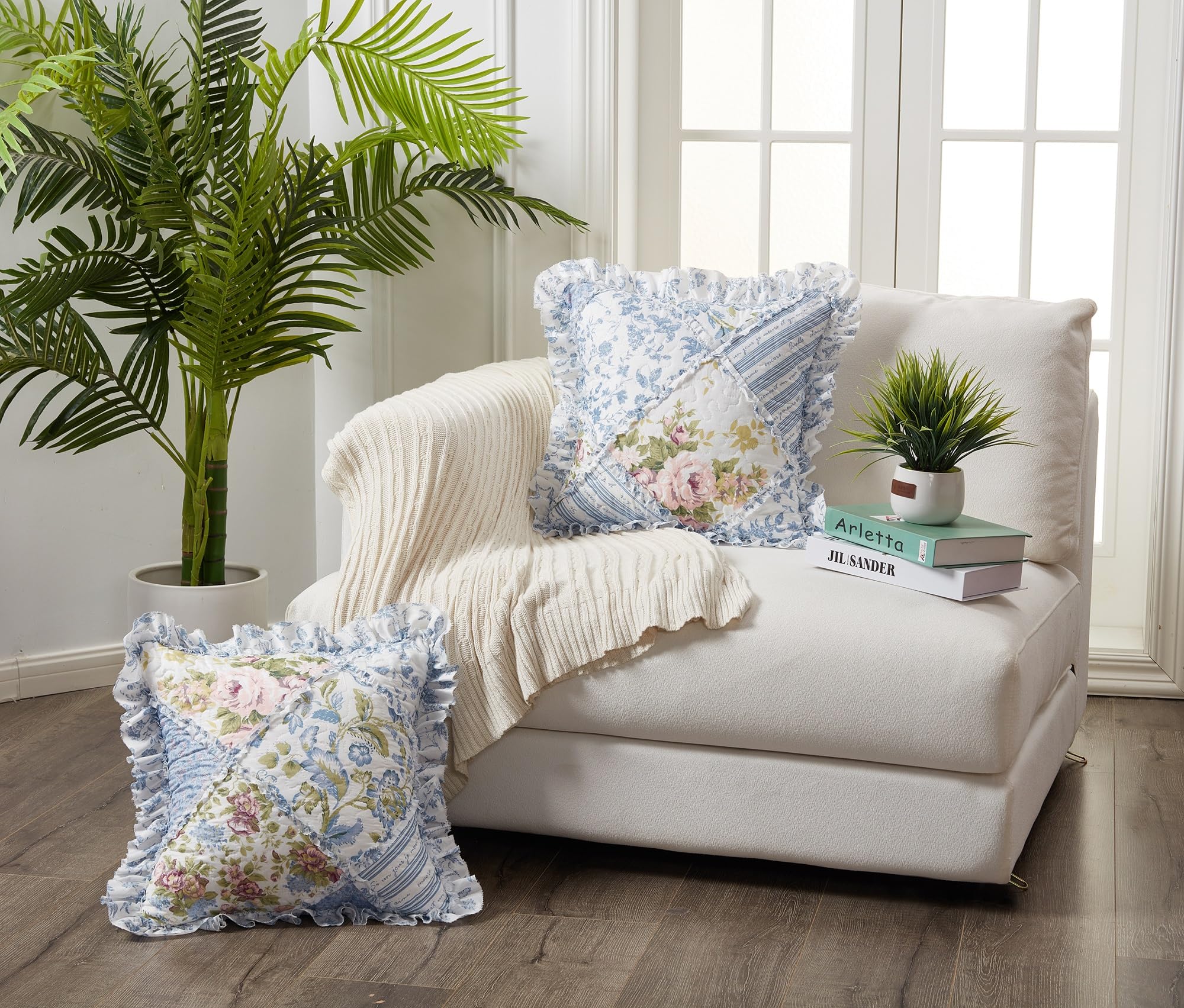 Brilliant Sunshine Blue Rose Patchwork Ruffle Pillowshams, Quilted Decorative Pillow Covers Set, Square Throw Cushion Cases for Couch, Reclining Chair, Car, Bed, 18x18, Pack of 2, Blue Rose