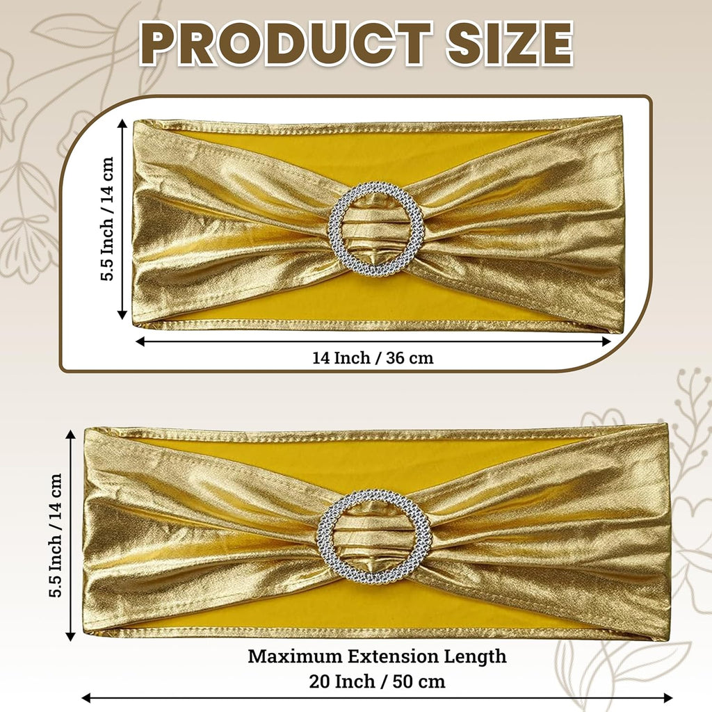 MDS Spandex Foil Chair Sashes - Universal Elastic Stretch Bands with Buckle for Weddings | Metallic Gold - Pack of 10