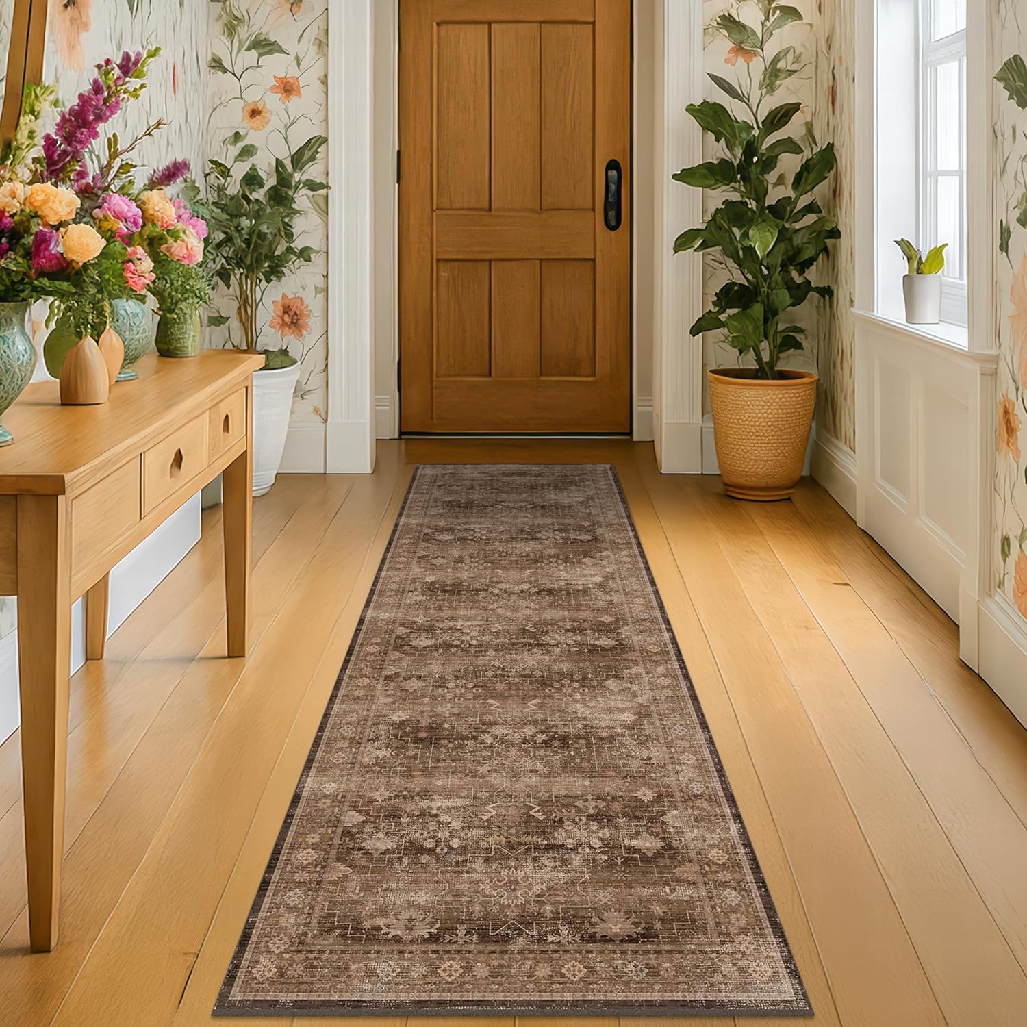 Skiennix Brown Boho Runner Rug - Washable, Non-Slip, Soft Faux Wool | 2x6 ft for Hallway, Kitchen, Bedroom