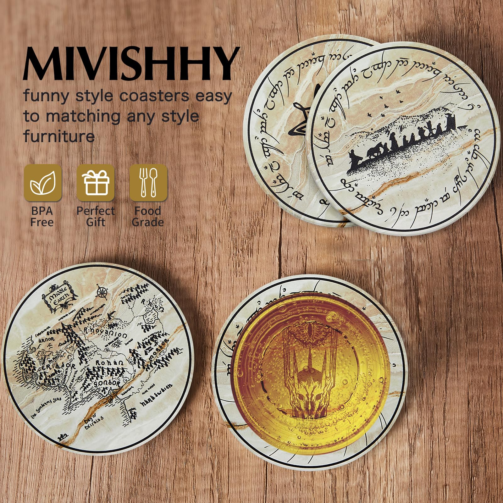 Rings Absorbent Coasters for Drinks,Coasters for Home Decor,6Pcs Rings Stone and Cork Coaster Set with Holder for Coffee Table，Merchandise Gift for Women Men Fans