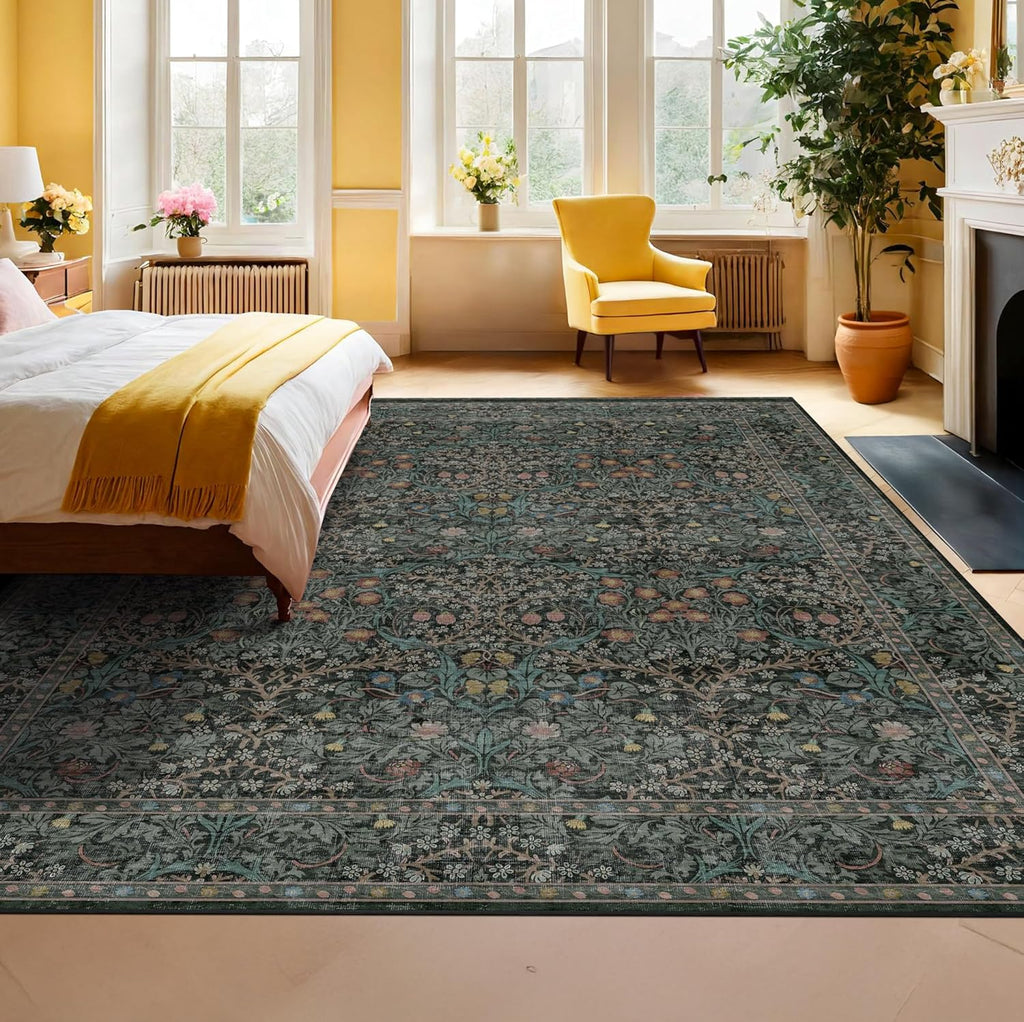 Skiennix Vintage Dark Green Area Rug - Washable 8x10 Oriental Carpet for Living Room & Dining Room