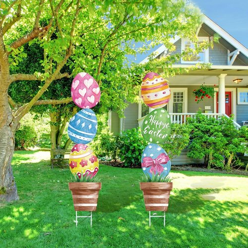CroBlissful Large Metal Easter Eggs - Rustic Oil Painting Decor for Outdoor Yard Signs | 29 Inch