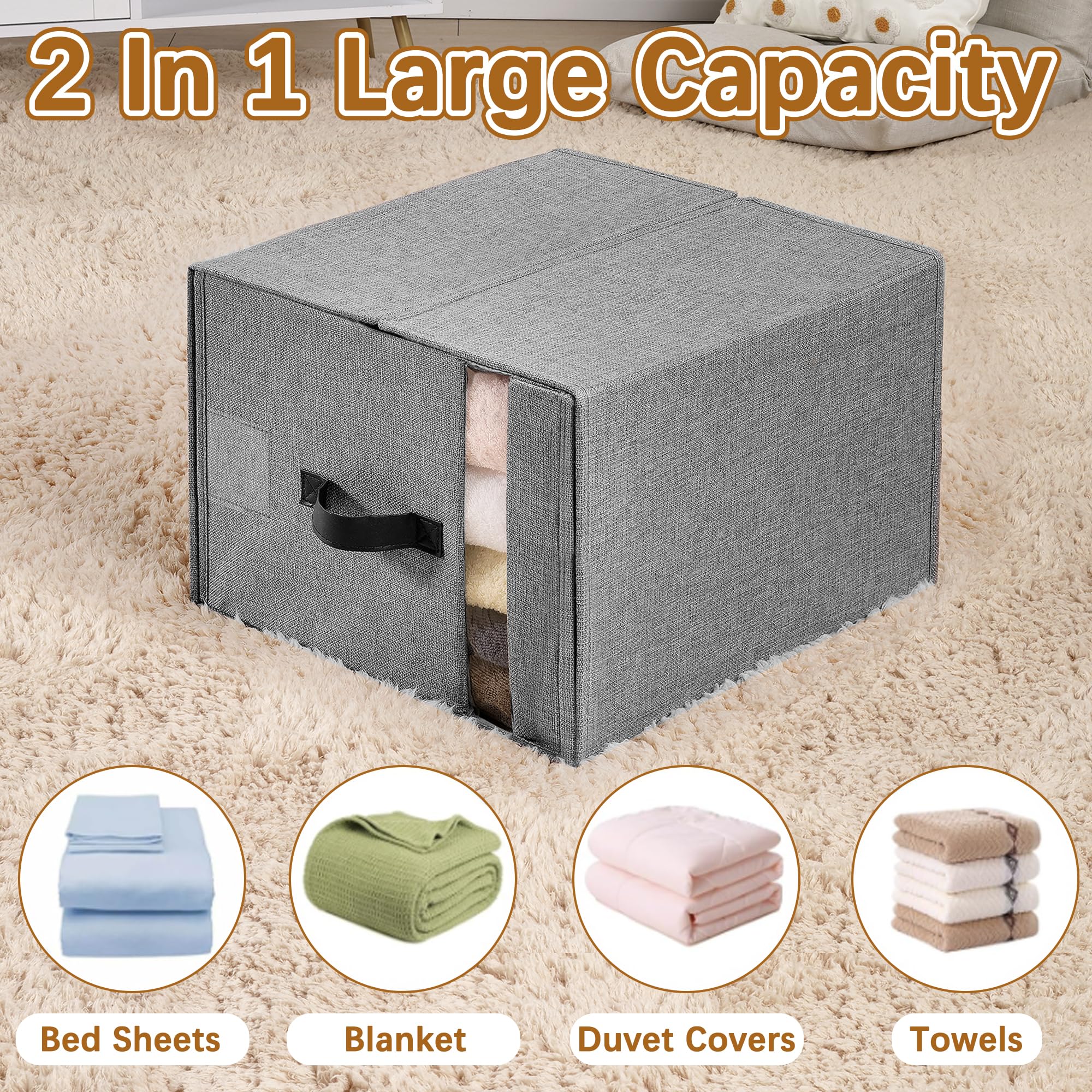 VECELO Bed Sheet Organizers and Storage, 2 IN 1 Foldable Sheet Organizer for Linen Closet with Window and Label, Bedding Storage Box for Blanket Queen and King Sheets Set Comforter Pillow, 2 Pack