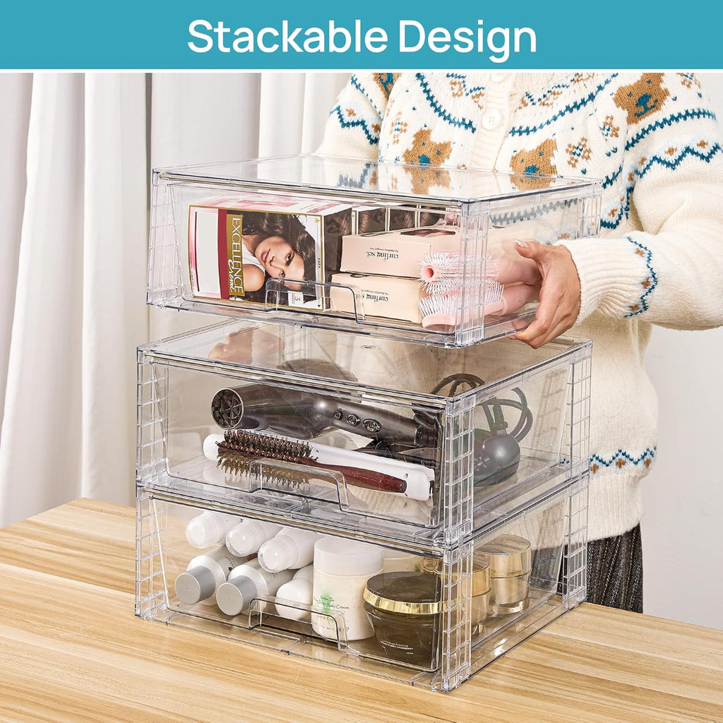 Vtopmart Large Stackable Storage Drawers - Clear Acrylic Organizers for Bathroom & Kitchen | 2 Pack