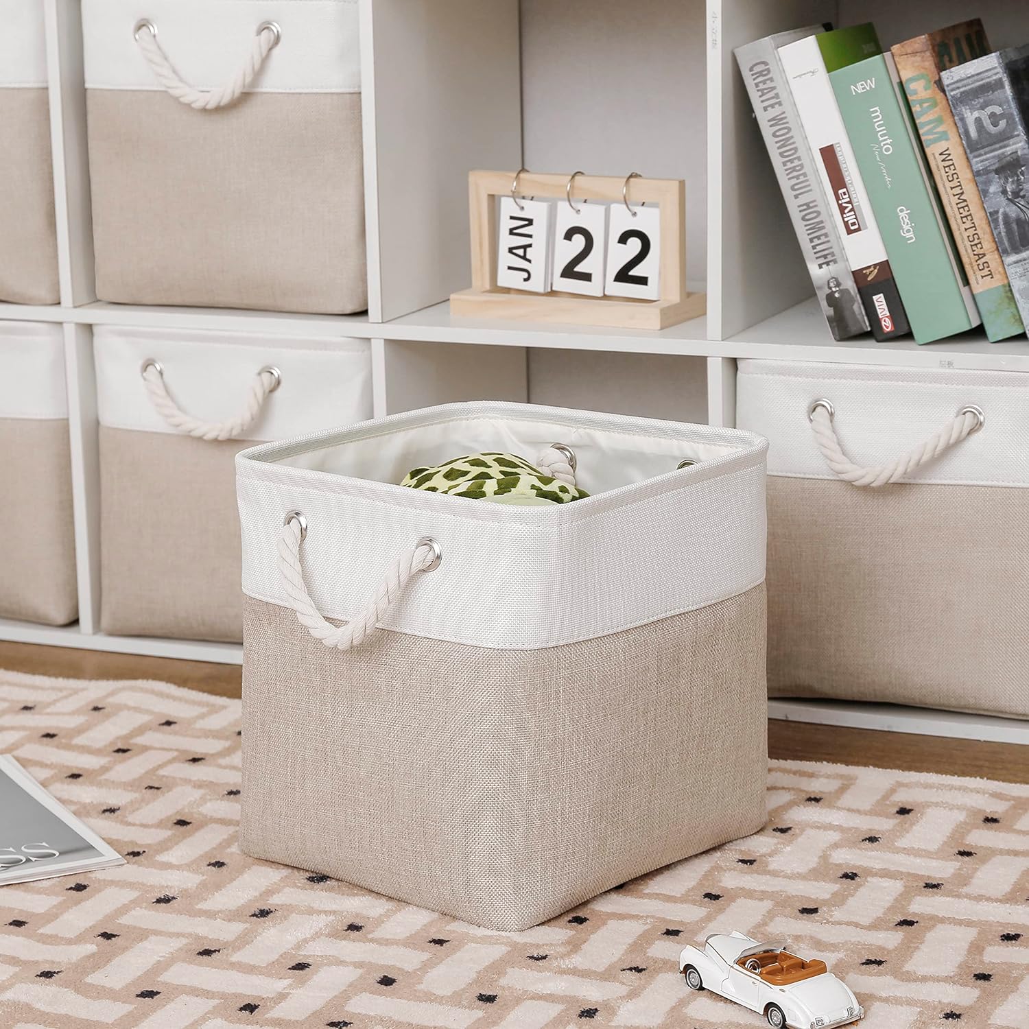 MidmmVick Cube Storage Bins - 6 Pack Large Collapsible Fabric Organizers | Foldable 11"x11" for Home & Office (White & Beige)