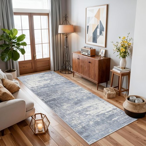 **Hallway Runner Rug - Abstract Stain Resistant | Ultra Soft Non-Slip Indoor Carpet (2x8, Blue/Ivory)**
