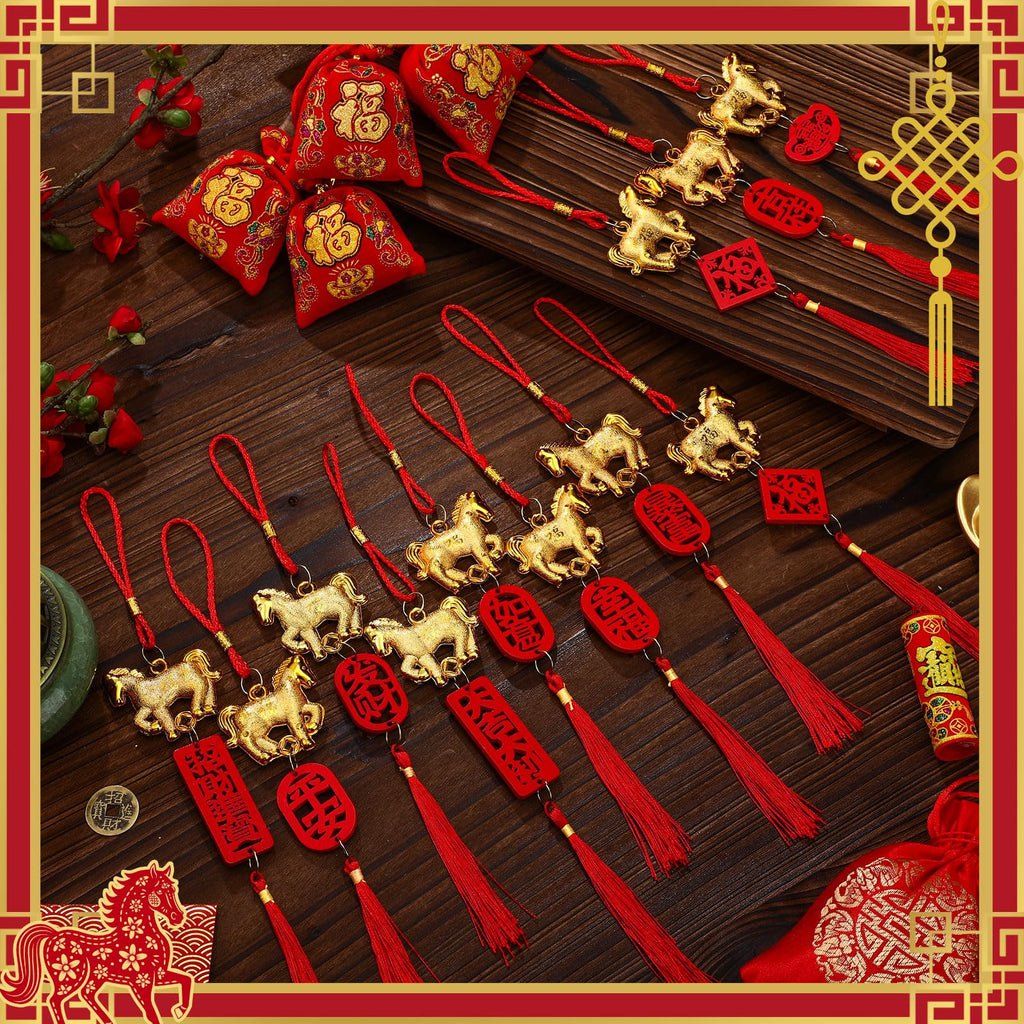 Geosar 12 Pcs Chinese New Year Decorations 2026 Year of The Horse Lucky Charm Lunar Red Hanging Ornaments Feng Shui Tassel Knot Wealth Good Luck for Home, Office, Car, Trees Decor(Horse Style)